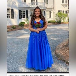 Royal blue Jovani ball gown/beaded appliqué over chiffon skirt. Size 14.